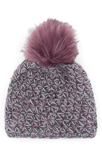 Surell Faux Fur Pompom Star Knit Beanie In Grey Purple Multi Pink Frost