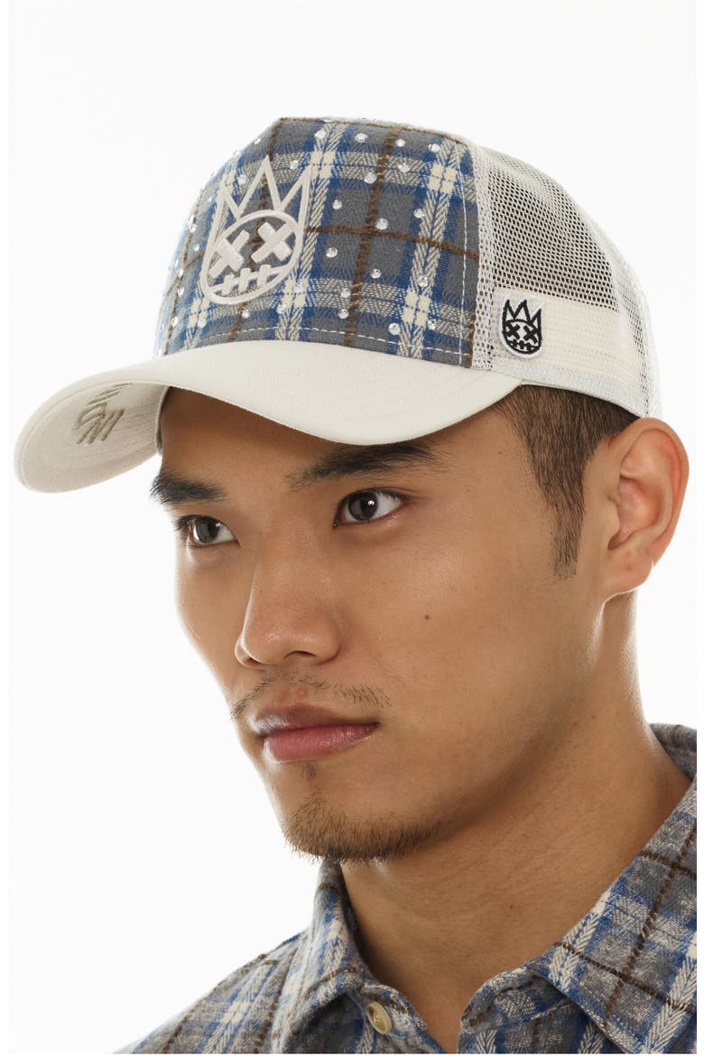 Shimuchan Logo Plaid Flannel Trucker Hat, Alternate, color, BLUE PLAID