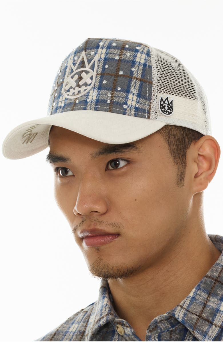 Cult of Individuality Shimuchan Logo Plaid Flannel Trucker Hat, Alternate, color, Blue Plaid