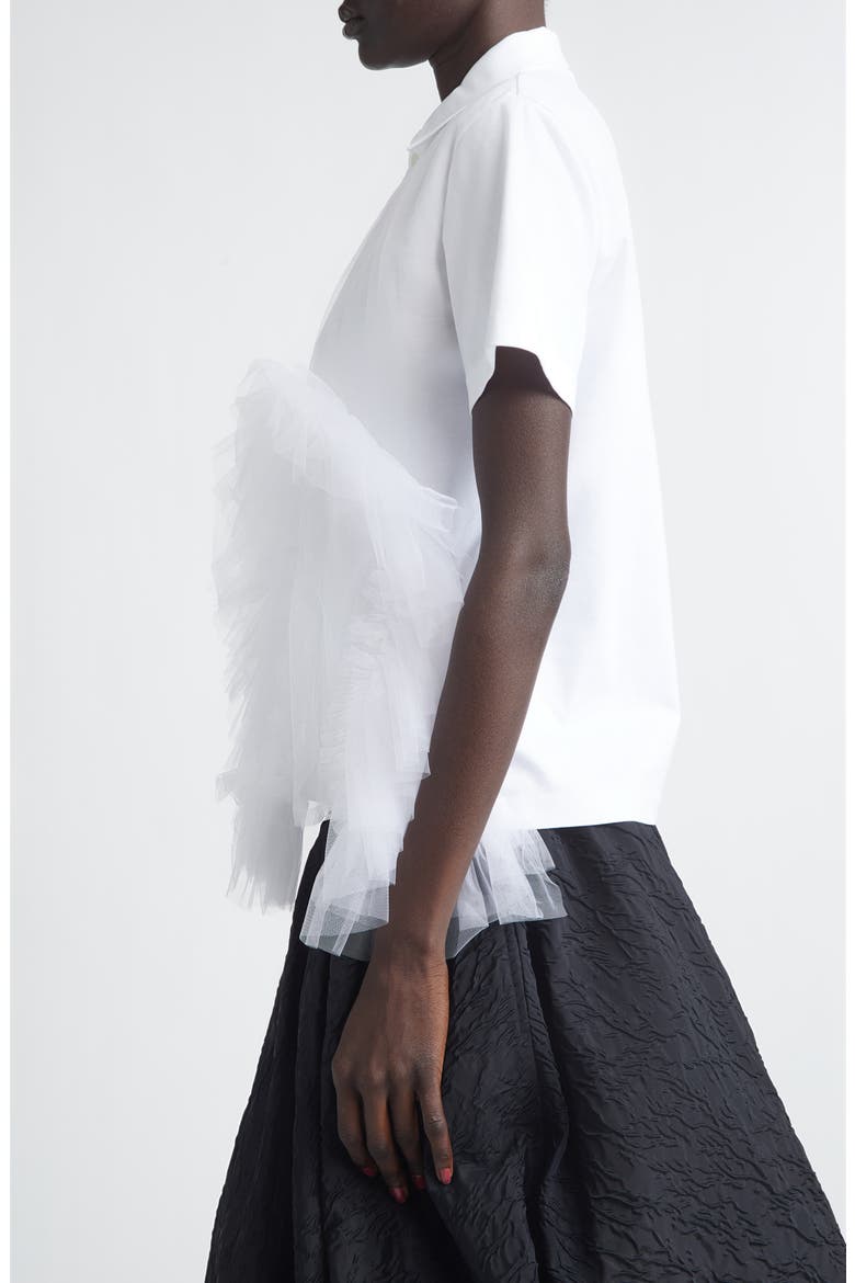 Cotton Ponte & Tulle Polo, Alternate, color, WHITE