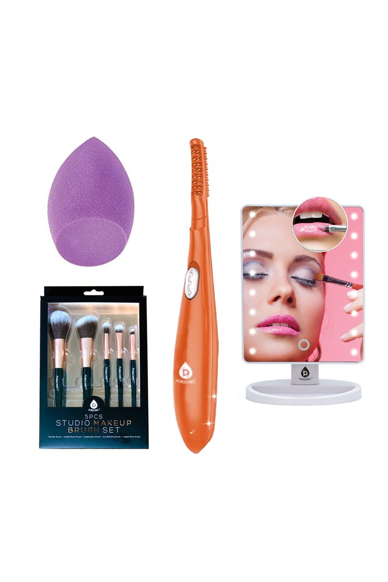 Heated Curler, LED Mirror, Sponge & Brush Set, Main, color, Black