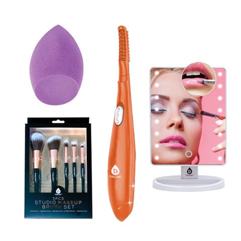 Beauty Collection Heated Curler, LED Mirror, Blender Sponge, & Brush Set
