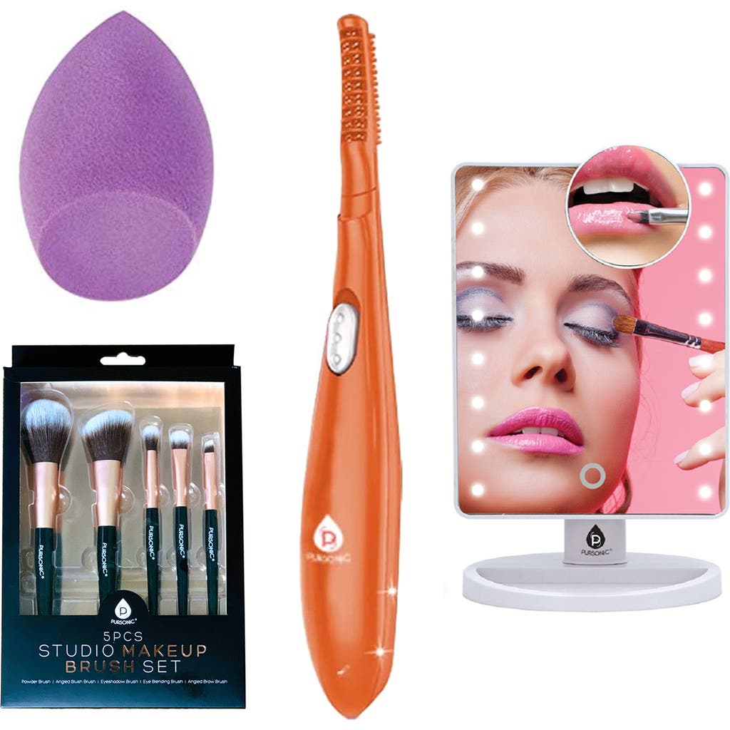 PURSONIC Beauty Collection Heated Curler, LED Mirror, Blender Sponge, & Brush Set in Black at Nordstrom
