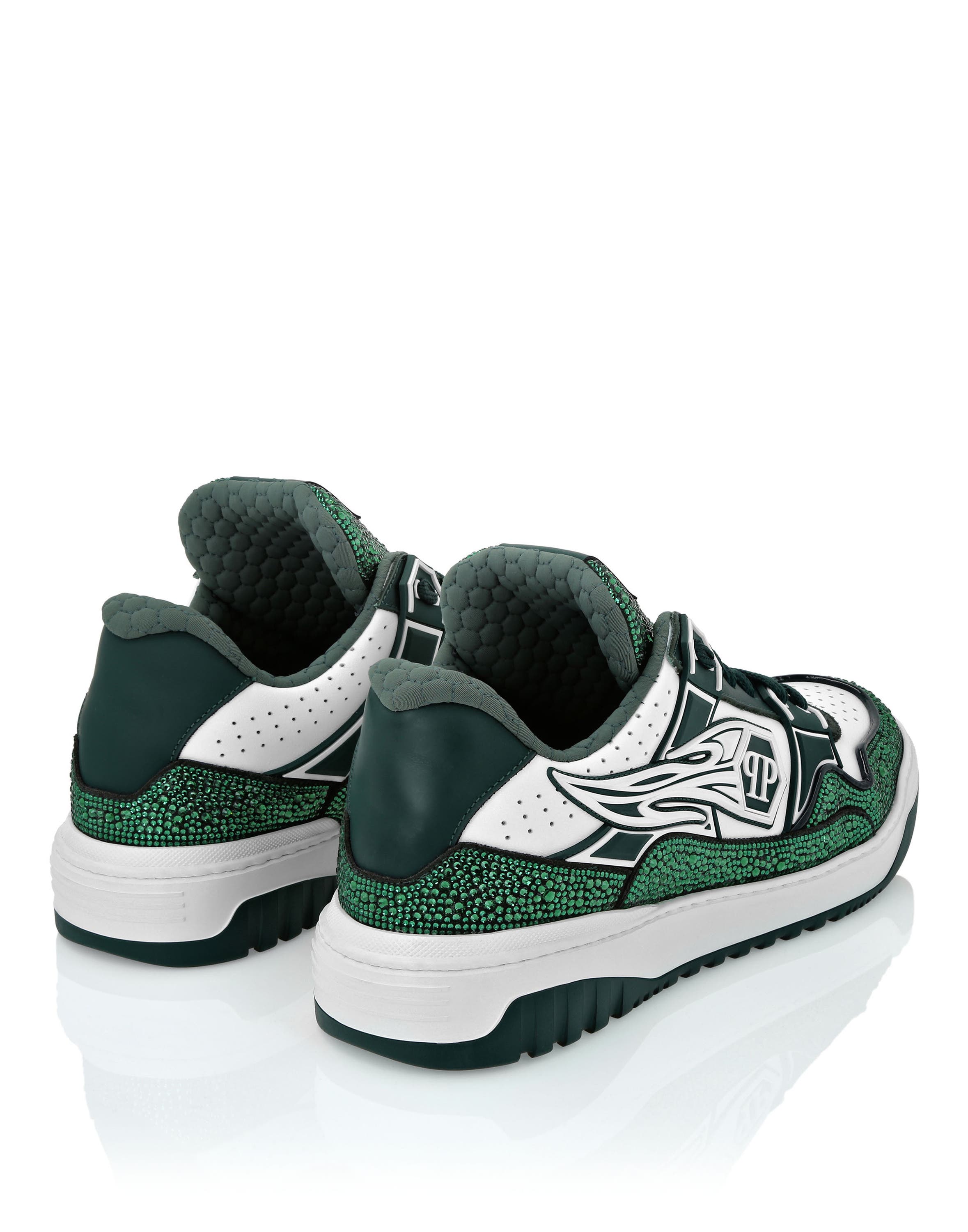 Mix Leather Lo-Top Sneakers Strass Hexagon Men, Alternate, color, white/green
