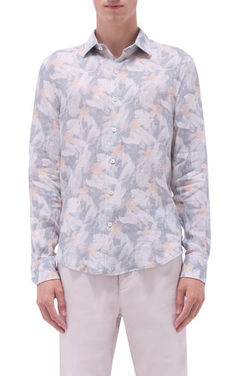 Bugatchi Julian Shaped Fit Floral Print Linen Button-up Shirt In Gray
