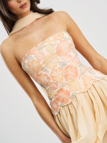 Quanisha Beaded Floral Mini Chiffon Dress with Scarf