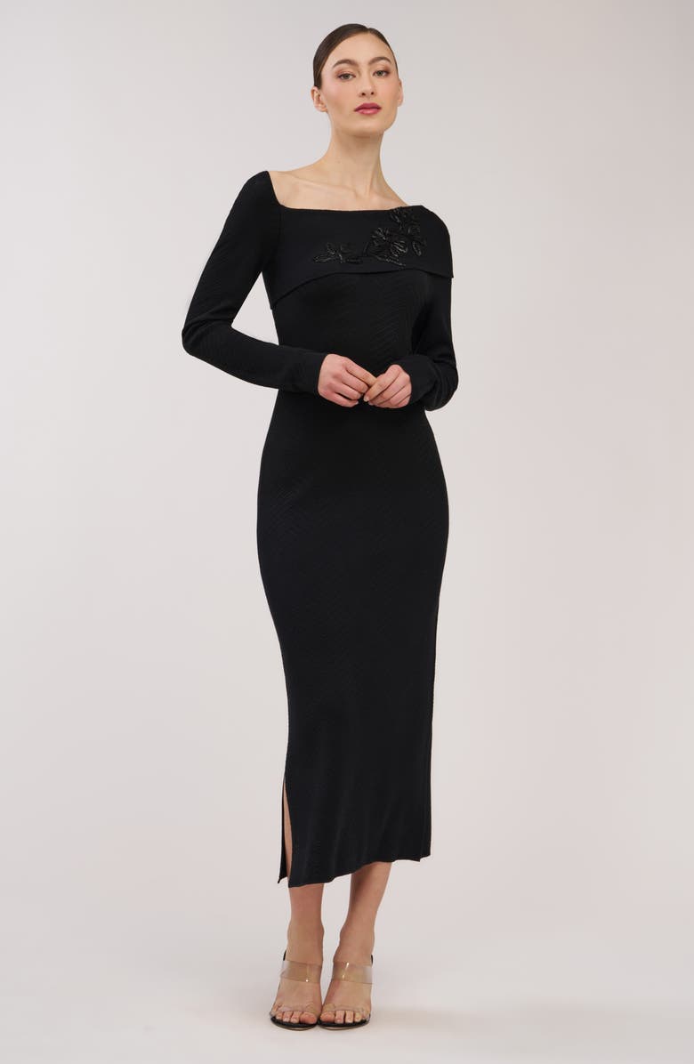 Kay Unger Imani Beaded Long Sleeve Midi Dress, Alternate, color, Black