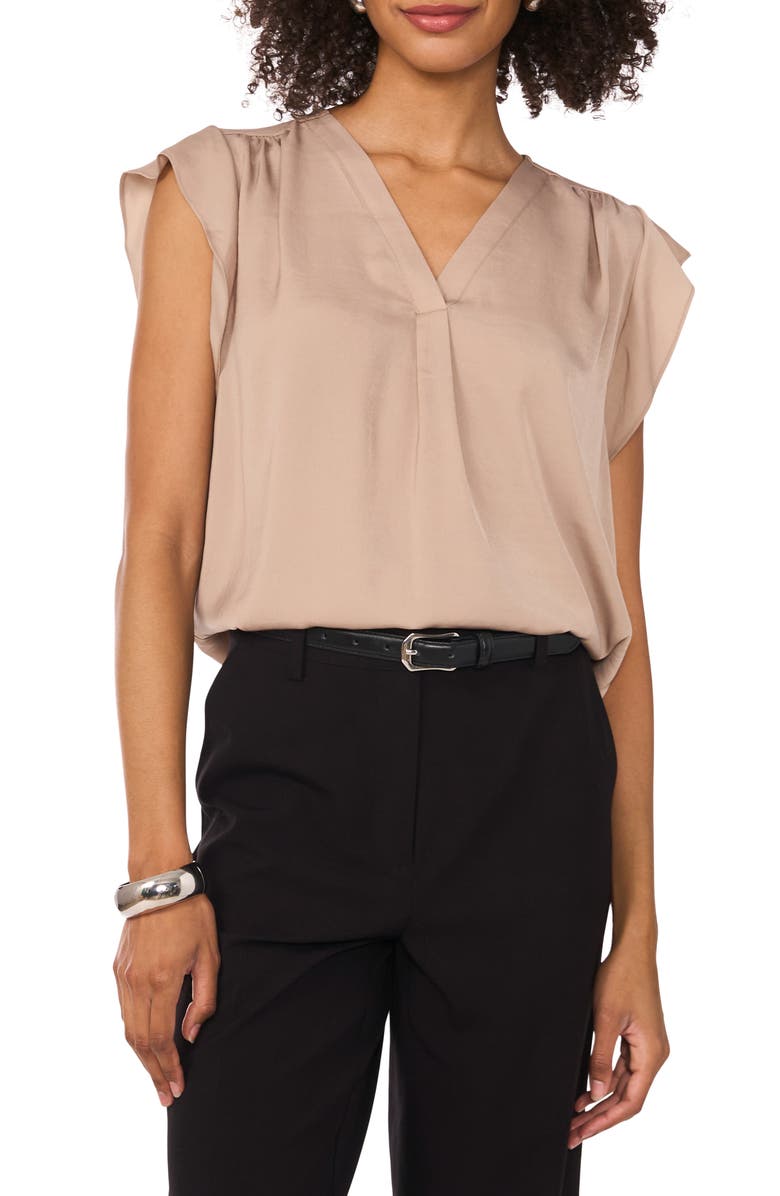 Vince Camuto Ruffle Sleeve Satin Top, Main, color, Cafe