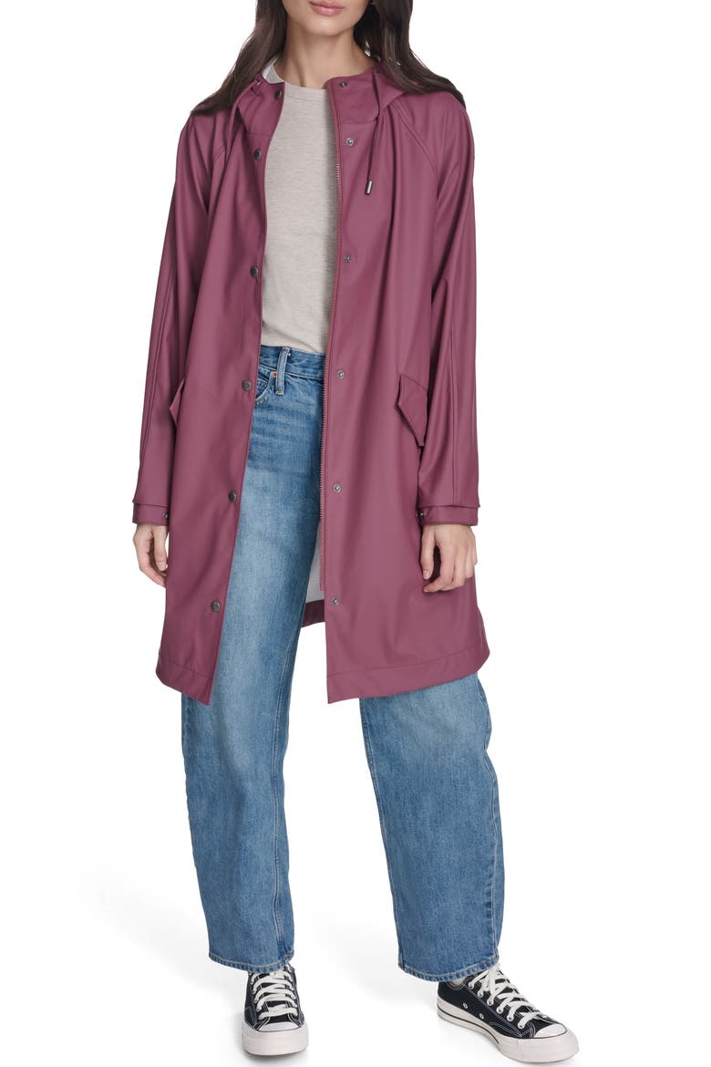 Water Resistant Hooded Long Rain Jacket, Alternate, color, BERRY