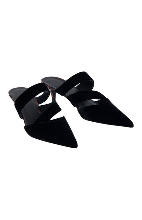 Velvet and Printed Patent Leather Mules