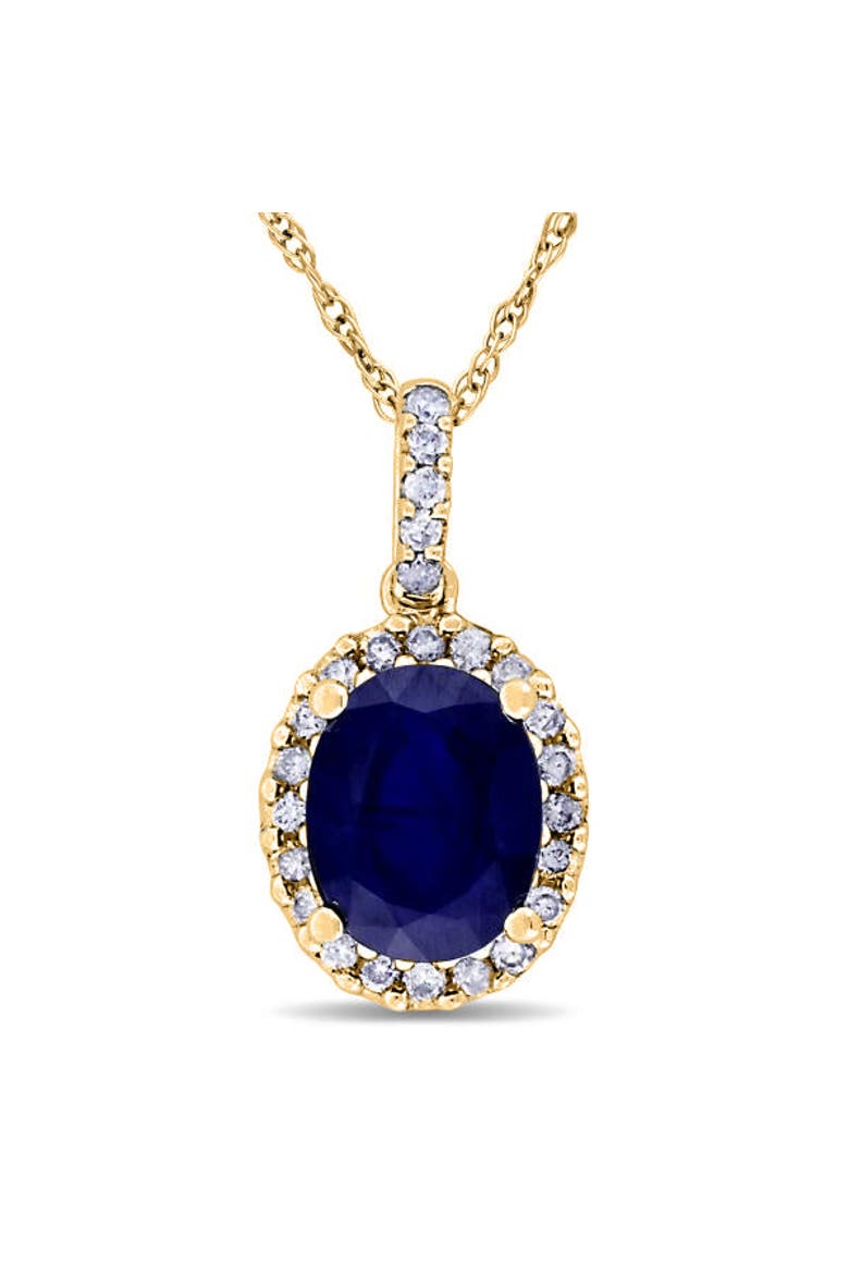 Lab Blue Sapphire & Halo Diamond Pendant Necklace 14k 2.90ct, Main, color, Yellow Gold