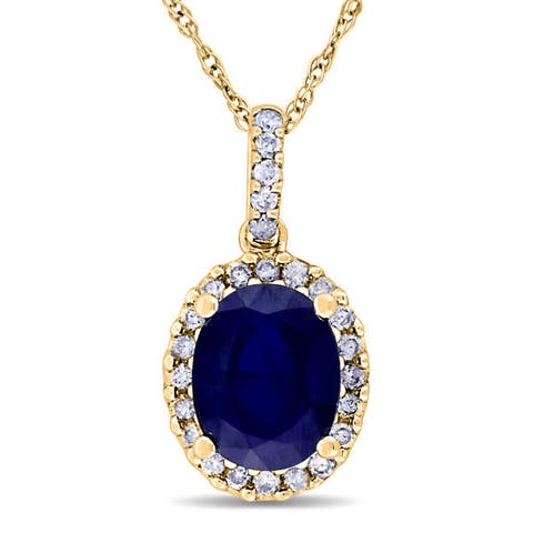 Lab Blue Sapphire & Halo Diamond Pendant Necklace 14k