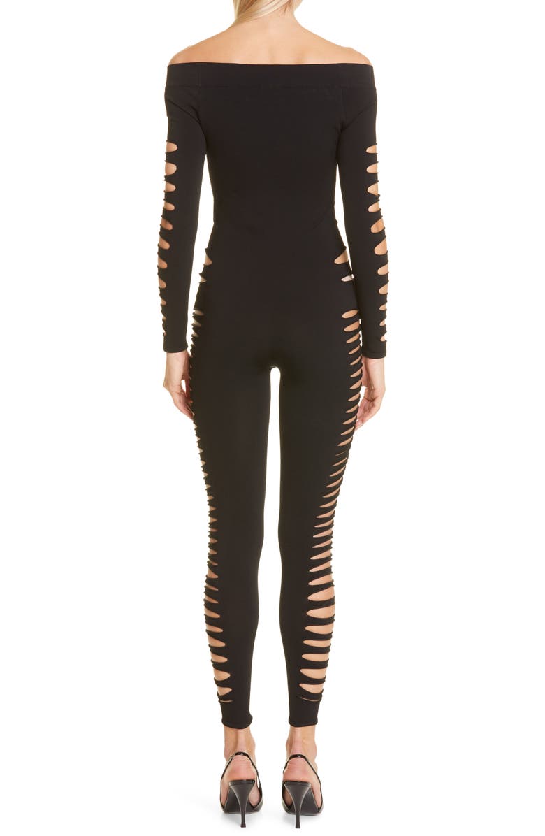 Saint Laurent Off the Shoulder Cutout Catsuit, Alternate, color, 