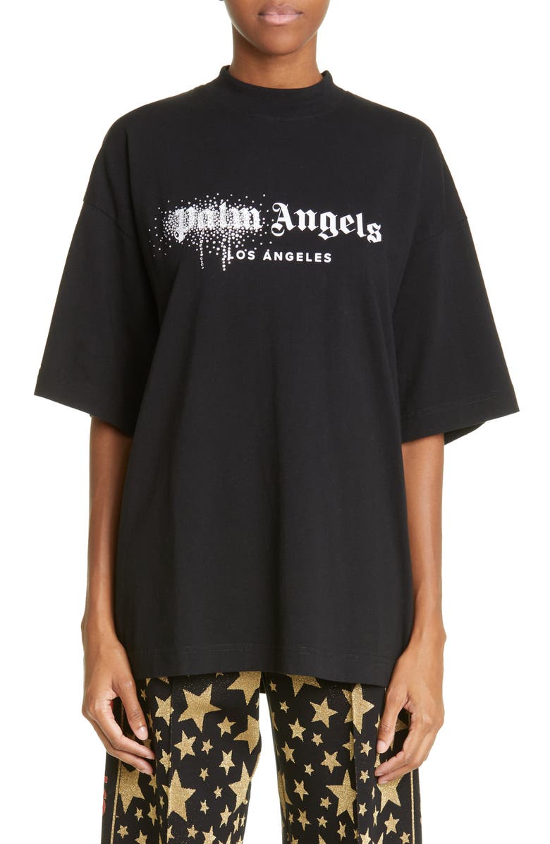 Palm Angels Rhinestone Spray Logo Crewneck Cotton T-Shirt, Main, color, 