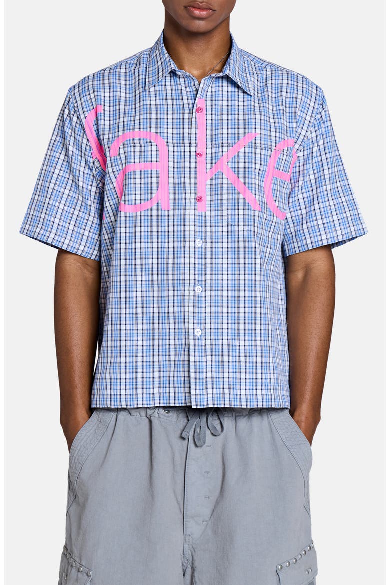 Check Fake Short Sleeve Graphic Button-Up Shirt, Main, color, BLUE