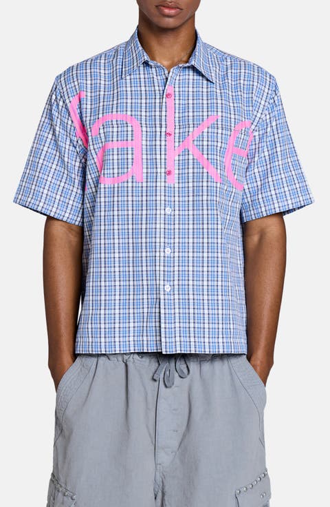 Check Fake Short Sleeve Graphic Button-Up Shirt