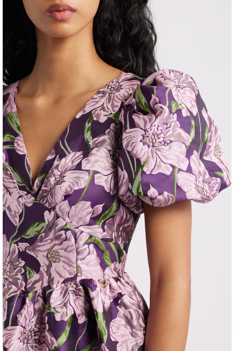 Floraison Floral Jacquard Puff Sleeve Dress, Alternate, color, PURPLE