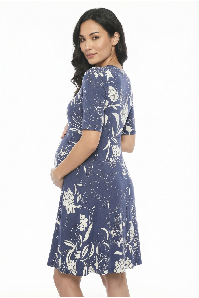 Maternity Floral Scoop Neck Elbow Sleeve Knee Length Skater Dress, Alternate, color, Navy Multi