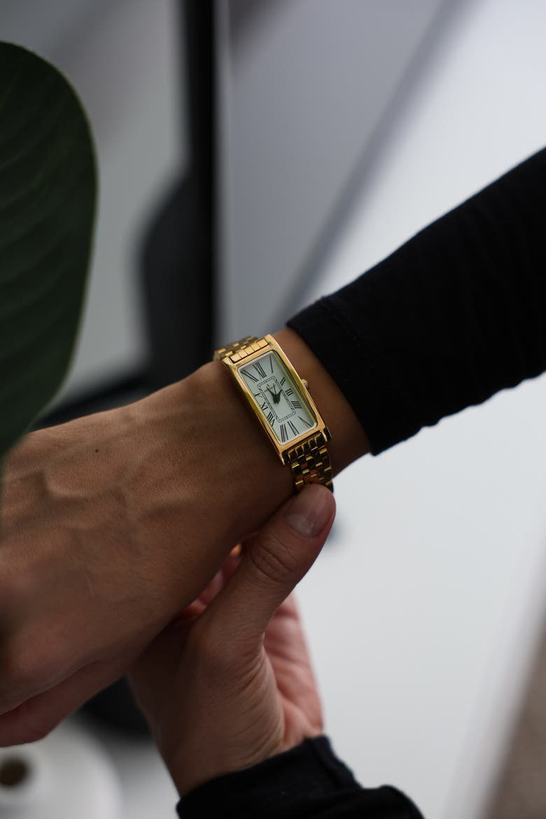 14K Gold-Plated Rectangular Stainless Steel Bracelet Watch- 35x18MM, Alternate, color, Gold