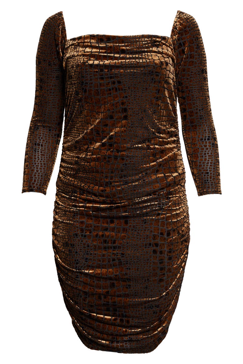 Long Sleeve Ruched Velour Minidress, Alternate, color, BROWN BEAR REPTILE BURNOUT