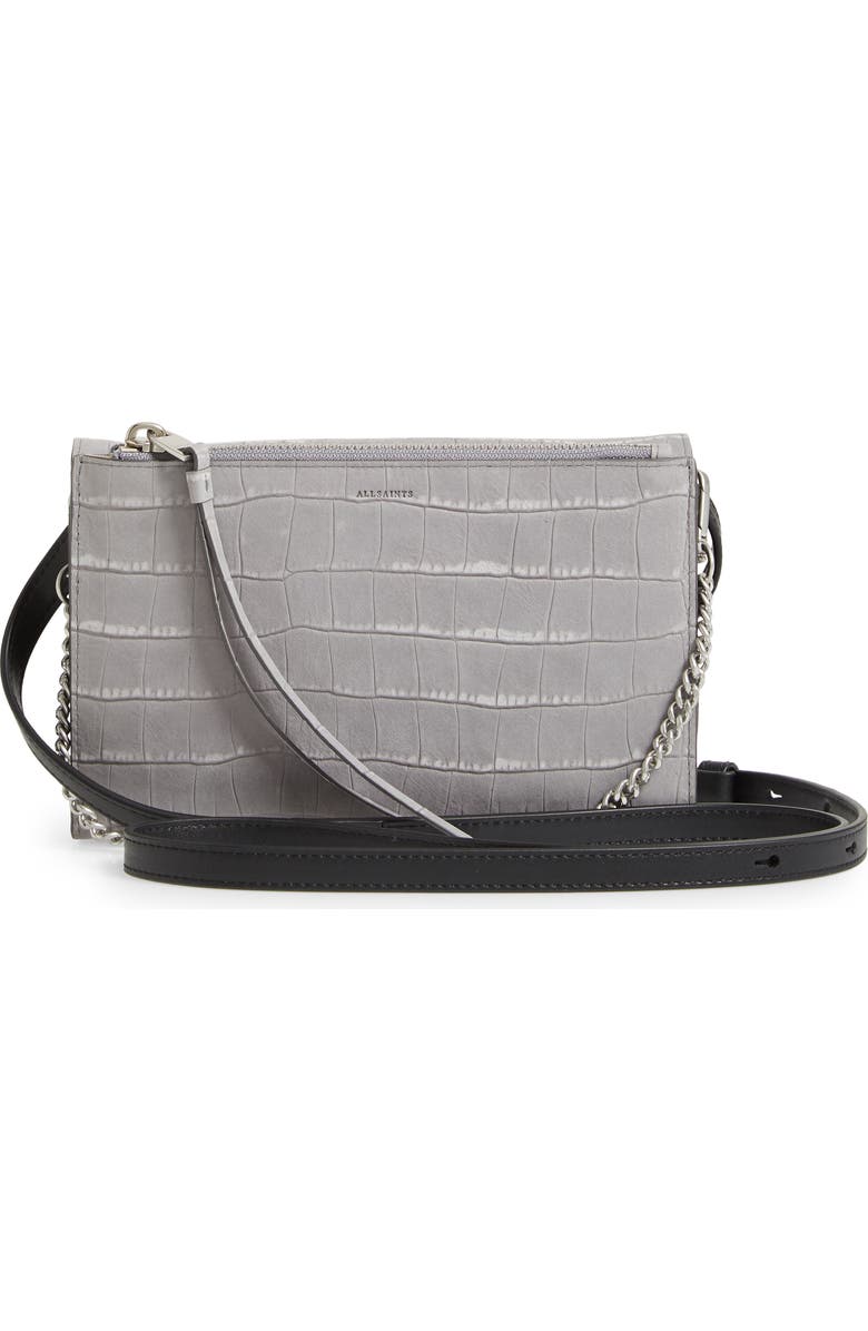 AllSaints Claremont Croc Embossed Leather Crossbody, Alternate, color,