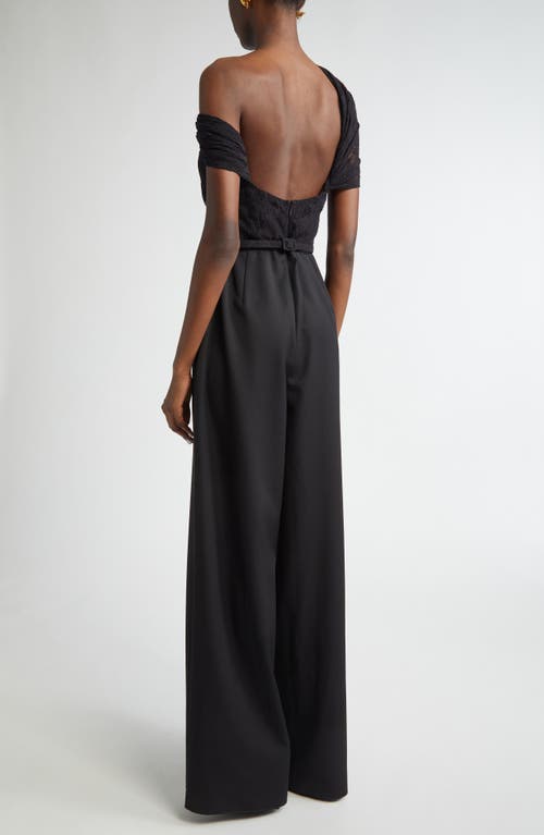 Shop Oscar De La Renta One Shoulder Mixed Media Jumpsuit In Black