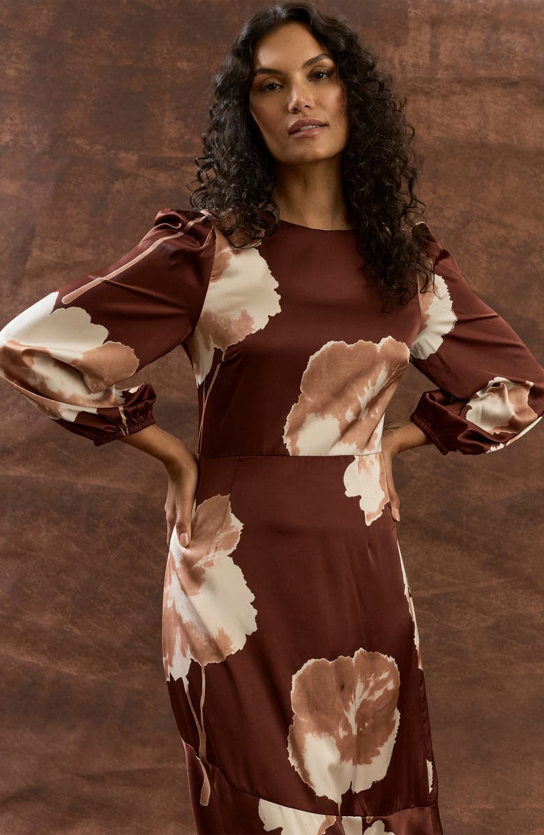 Maggy London Floral Long Sleeve Midi Dress, Alternate, color, Brown/ Beige