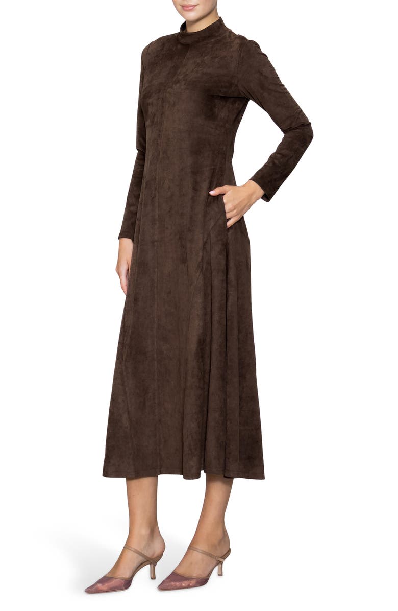 MELLODAY Long Sleeve Faux Suede A-Line Dress, Alternate, color, Deep Brown