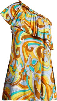 24seven Comfort Apparel Mod Floral Print One-Shoulder Minidress