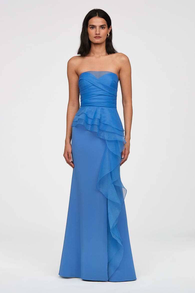 Morgan Crepe And Organza Gown, Alternate, color, Ocean Breeze Blue
