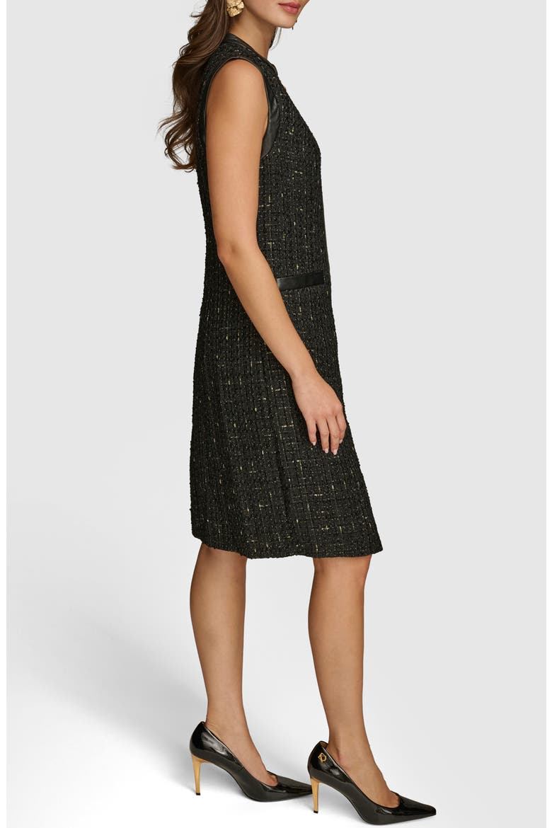 Sleeveless Faux Leather Trim Tweed Dress, Alternate, color, BLACK