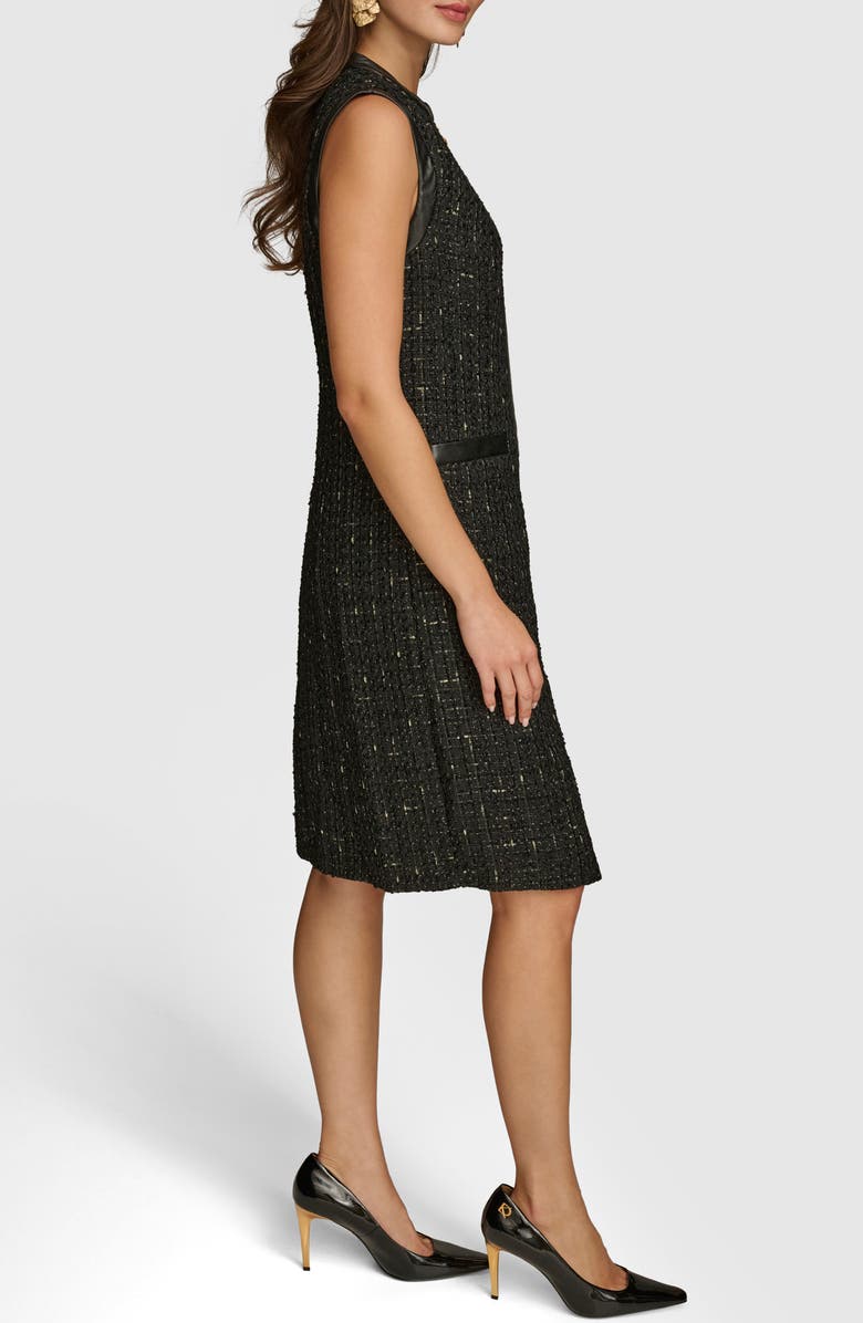 Donna Karan New York Sleeveless Faux Leather Trim Tweed Dress, Alternate, color, Black