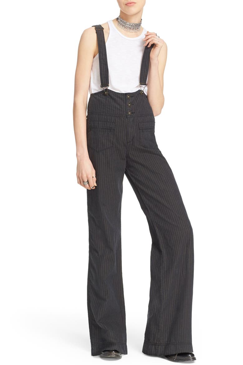 Pinstripe Flare Overalls, Main, color, BLACK/ TAN