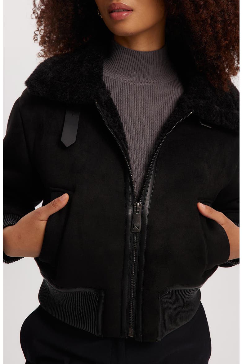Fannie Faux Fur Collar Faux Suede & Faux Leather Crop Bomber Jacket, Alternate, color, BLACK