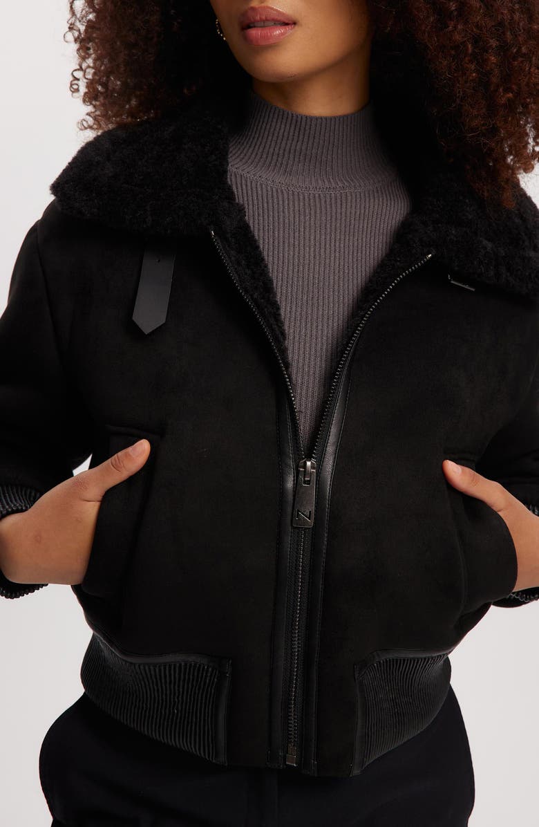 Noize Fannie Faux Fur Collar Faux Suede & Faux Leather Crop Bomber Jacket, Alternate, color, Black