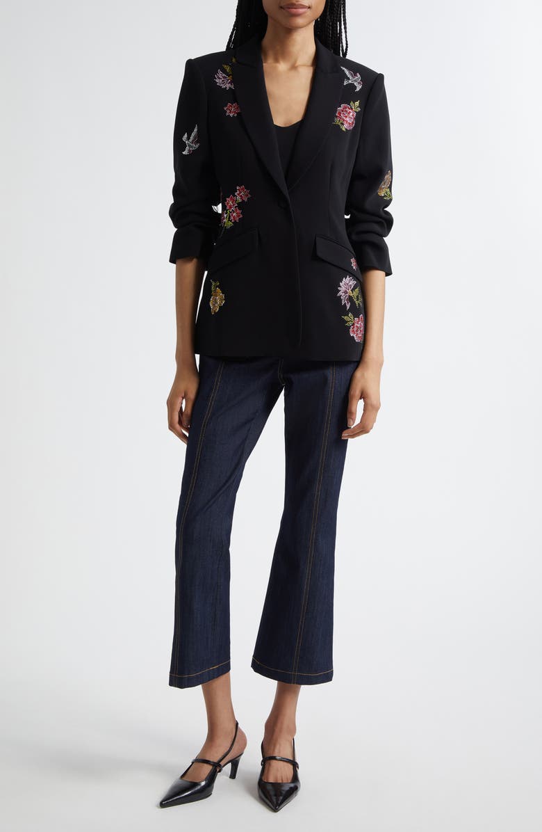 Cinq à Sept Cheyenne Crystal Flower Embellished Scrunched Blazer, Alternate, color, Black Multi