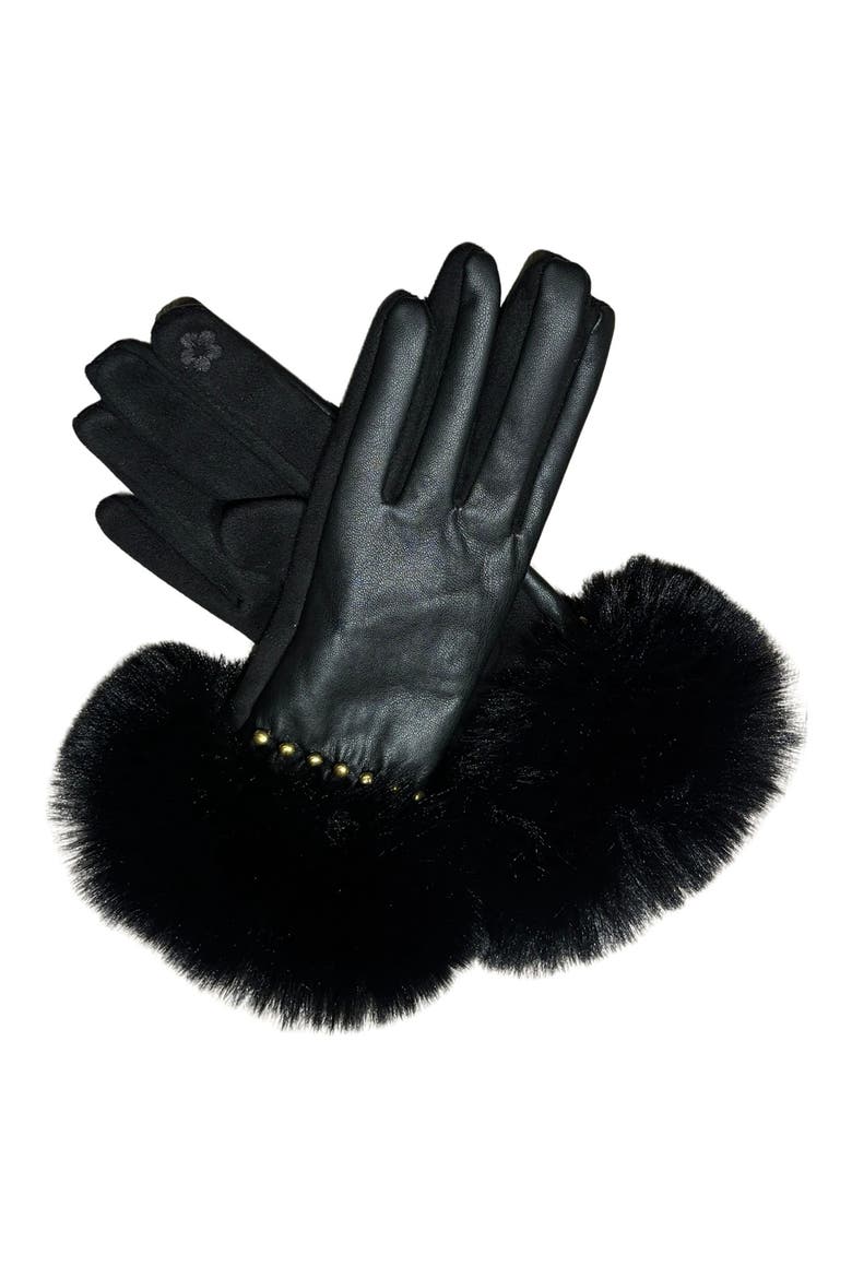 Studded Faux Fur Cuff Tech Gloves, Main, color, BLACK