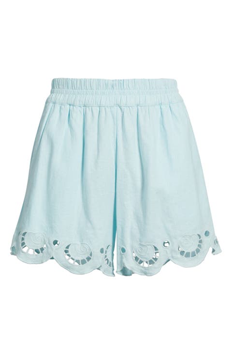 Cutwork Hem Linen Blend Pull-On Shorts