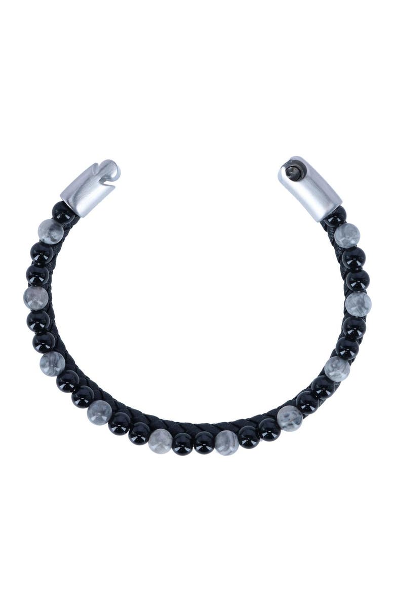 Trafalgar Loose Fit Thurgood Beaded and Braided Leather Secure Clasp Bracelet, Alternate, color, Black