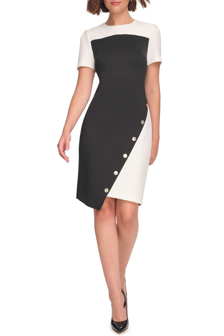 Asymmetric Scuba Sheath Dress, Main, color, BLACK/ IVORY