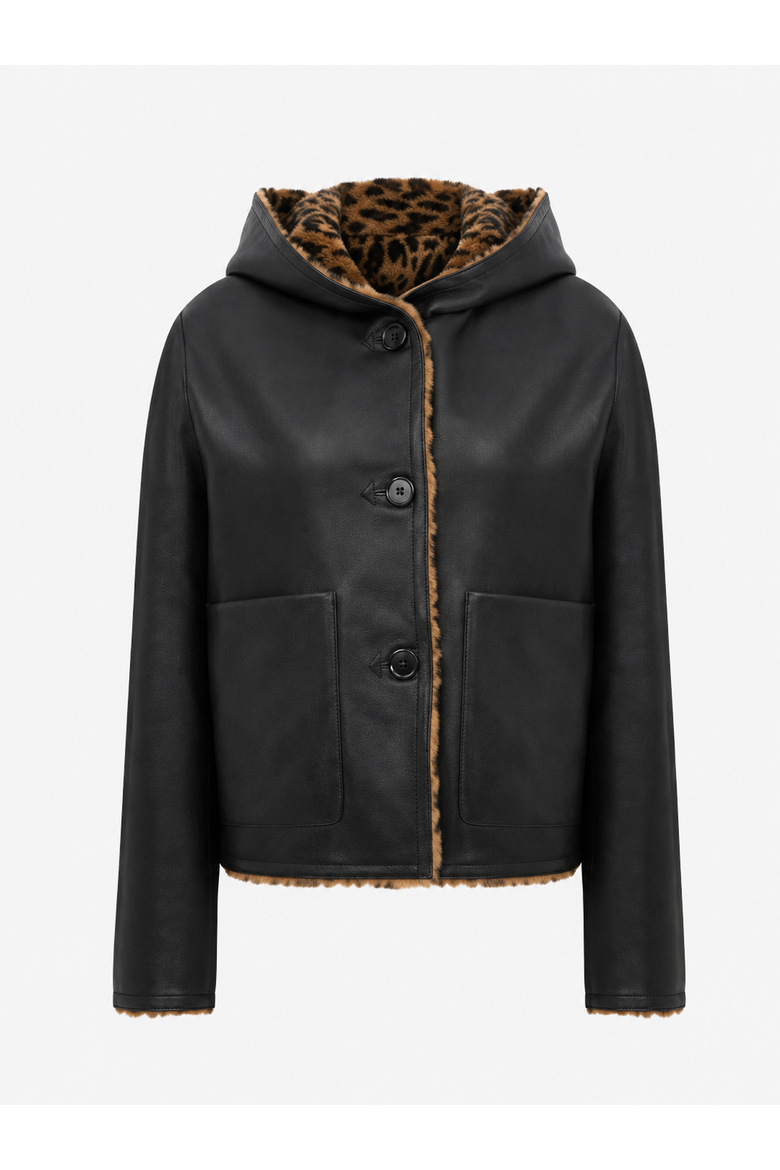 Fantasia Reversible Merino Shearling Jacket, Main, color, Black/Leo