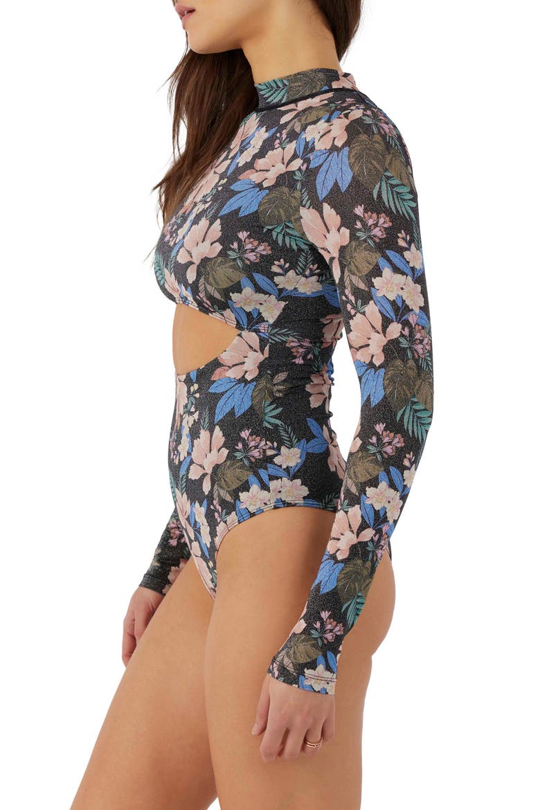 Matira Tropical Oxnard Long Sleeve One-Piece Rashguard Swimsuit, Alternate, color, BLACK