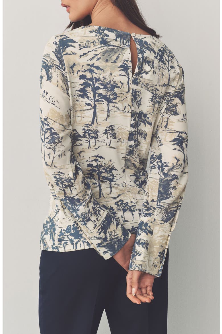 Tree Print Long Sleeve Ruched Detail Blouse, Alternate, color, WHITE