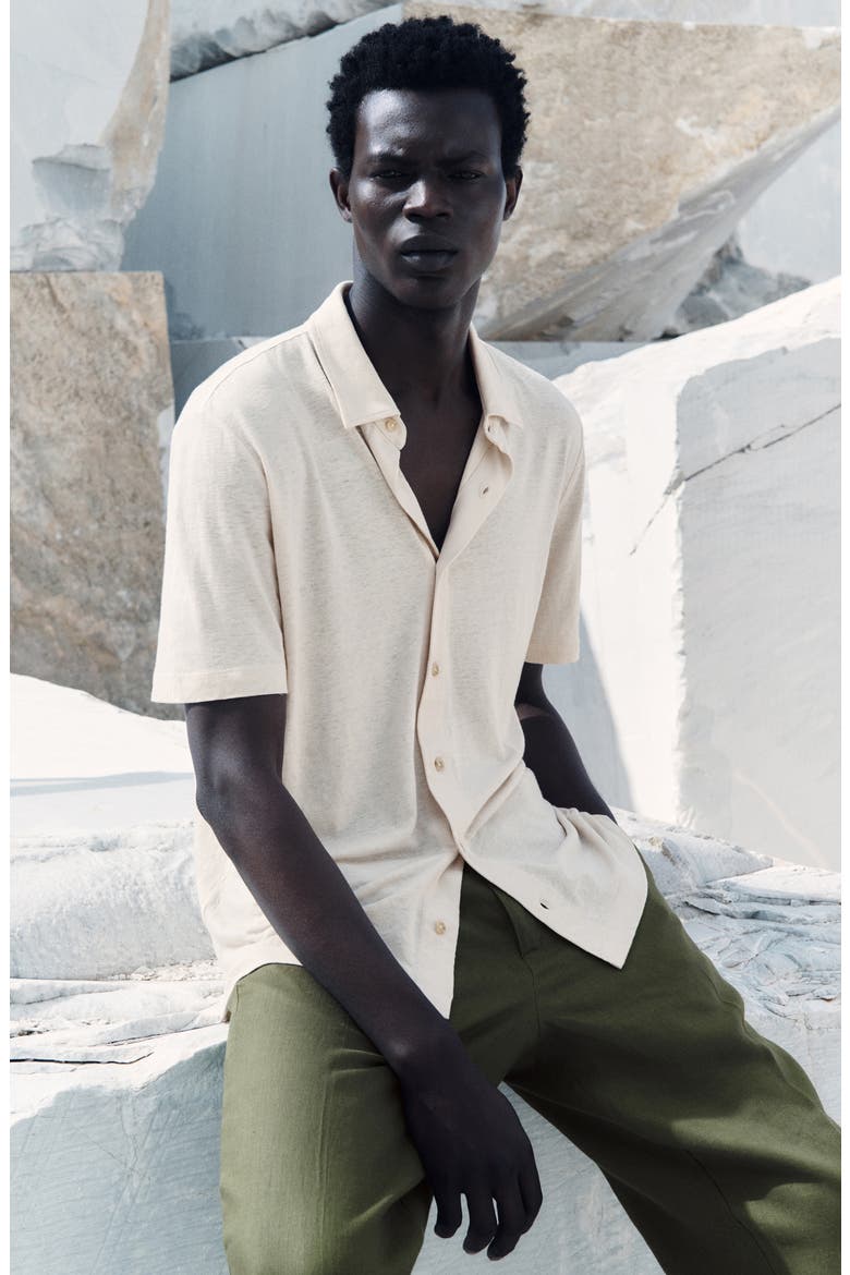 Regular Fit Short Sleeve Linen Blend Button-Up Shirt, Alternate, color, IVORY WHITE