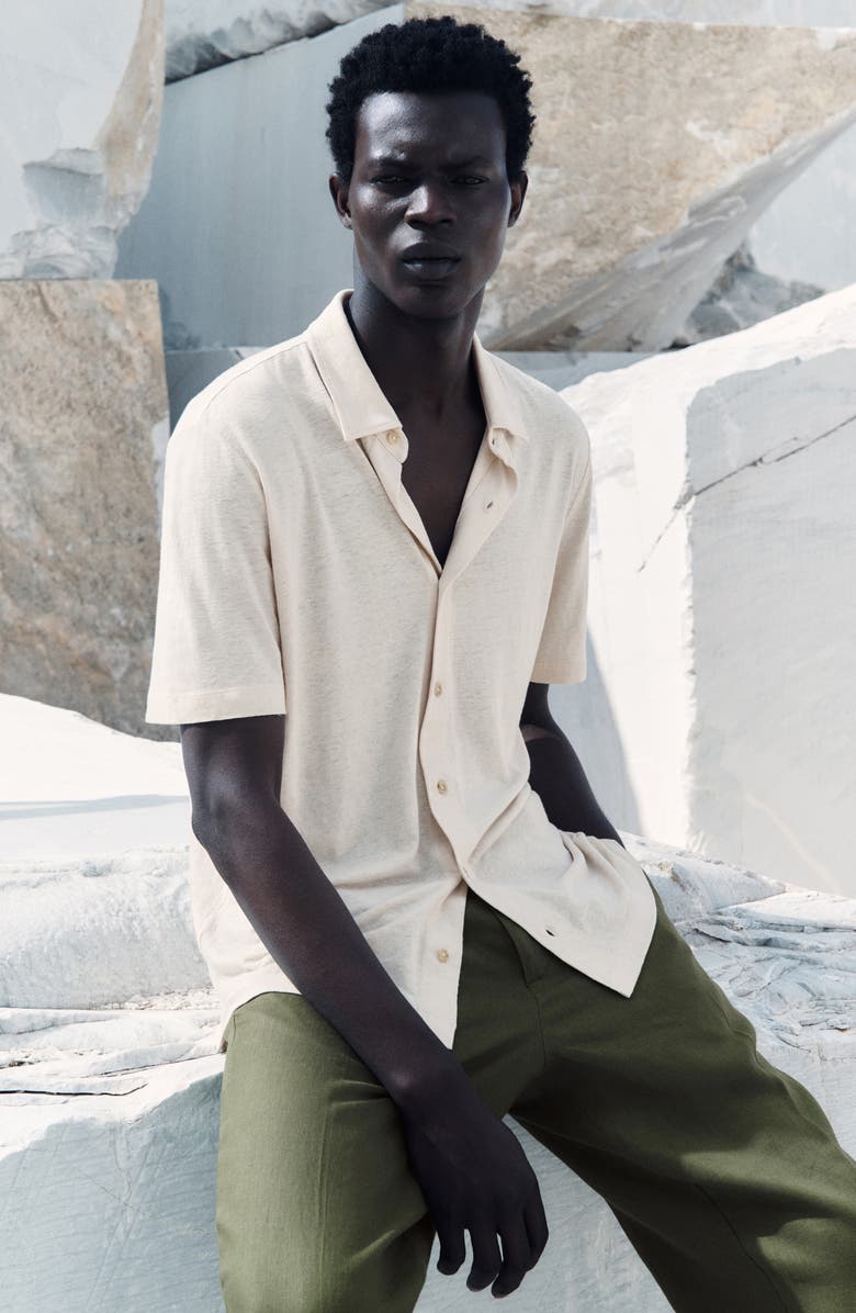 MANGO Regular Fit Short Sleeve Linen Blend Button-Up Shirt, Alternate, color, Ivory White