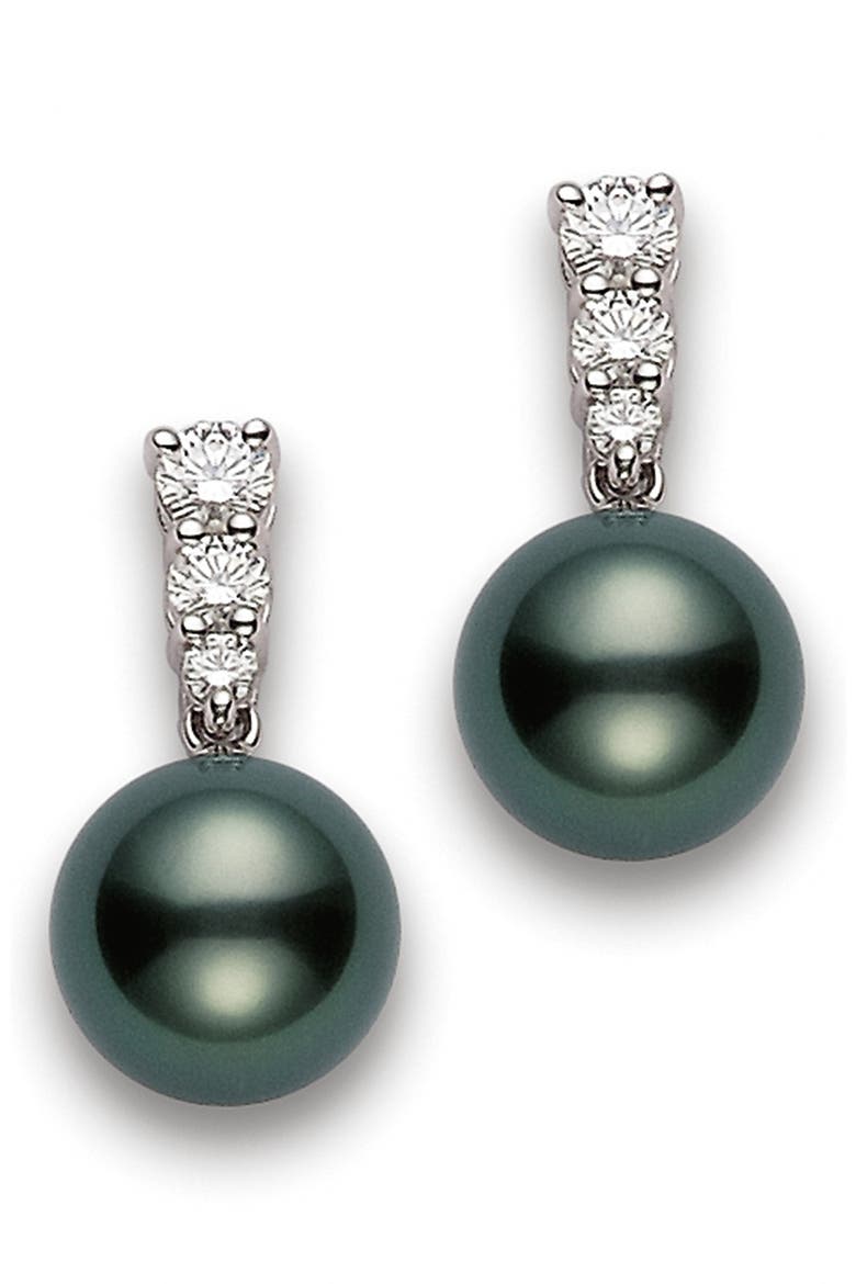 Morning Dew Black South Sea Cultured Pearl & Diamond Drop Earrings, Main, color, D0.48 18KWG