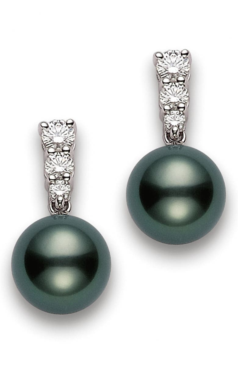 Mikimoto Morning Dew Black South Sea Cultured Pearl & Diamond Drop Earrings, Main, color, 