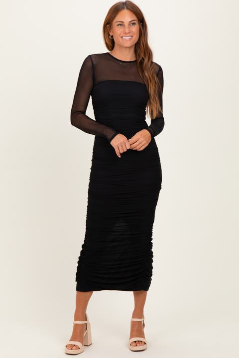 Mesh Ruched Long Sleeve Midi Dress
