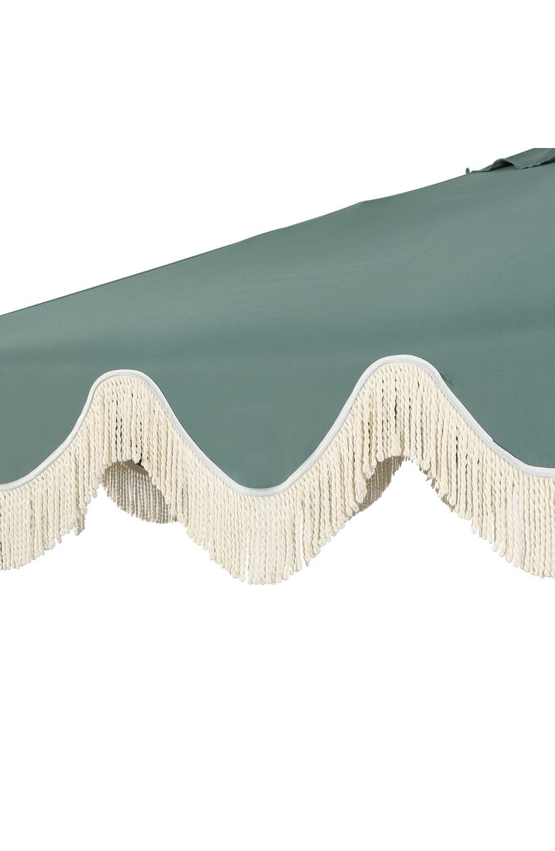 JONATHAN Y Collins Bohemian Fringe Outdoor Patio Umbrella with Crank Lift and Tilt, Scalloped UV-Resistant Canopy, Aluminum Pole, Alternate, color, Green/White Pole