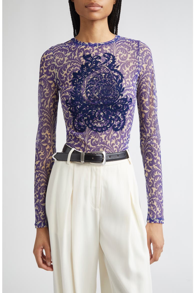 Flocked Shell Paisley Top, Main, color, PRINTED BLUE BASE